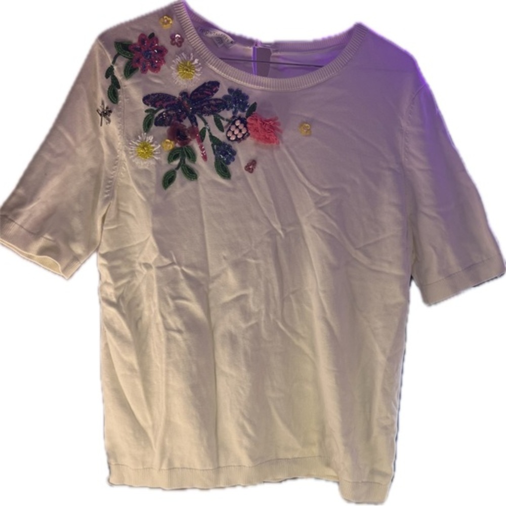 Talbots White Sweater with Colorful Floral Embellishments